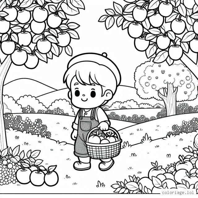 Un petit garçon transportant des fruits dans un panier au milieu d'un verger
