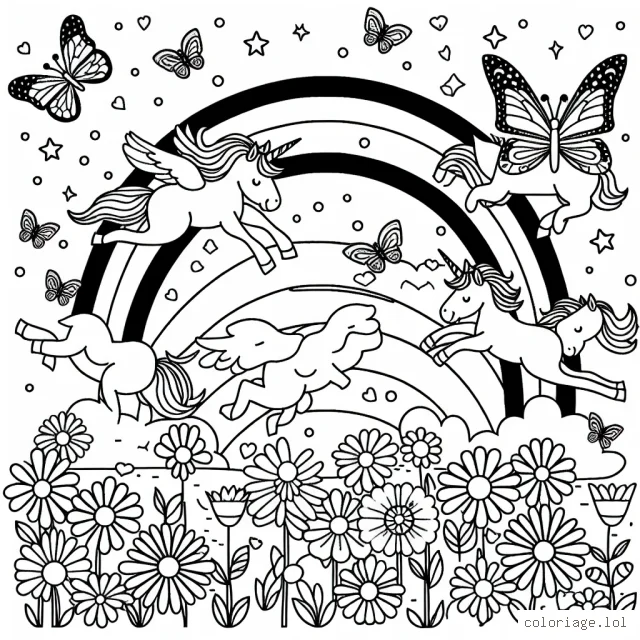 Un groupe de licornes enjouées sautant par-dessus un arc-en-ciel, au-dessus d'un champ de fleurs multicolores entouré de papillons.