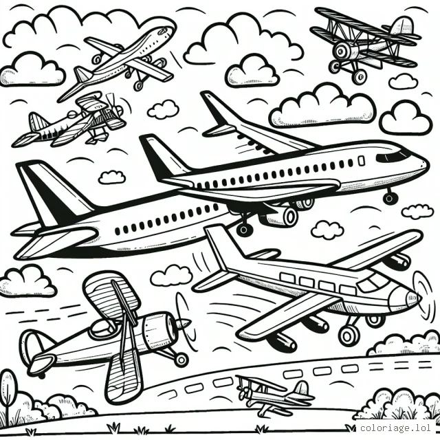 Esquissez une scène passionnante d'avions volant haut dans le ciel aux côtés de nuages. Il y a différents types d'avions à colorier : un jet de passagers, un avion cargo, un avion de chasse et un biplan. Les avions doivent être placés stratégiquement pour montrer une variété de tailles, de formes et de styles. N'oubliez pas les nuages qui laisseraient libre cours à la créativité des enfants pour utiliser différentes couleurs.