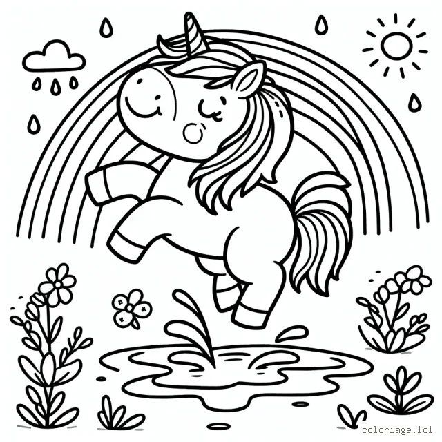 Après une averse, des licornes arc-en-ciel sautent joyeusement dans les flaques d'eau