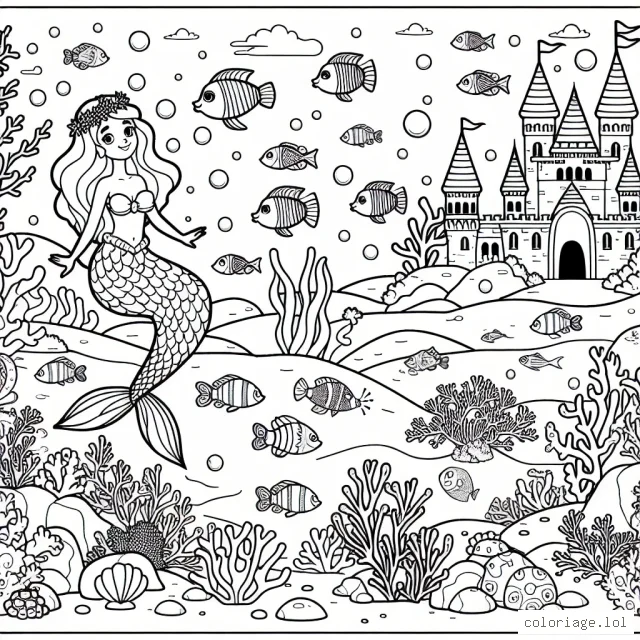 Veux-tu colorier un monde merveilleux sous-marin, peuplé d'une jolie sirène, de poissons multicolores, d'un château de corail et d'un trésor caché ? Alors ouvre largement ton imagination et utilise toutes tes couleurs préférées pour rendre ce monde vivant et joyeux.
