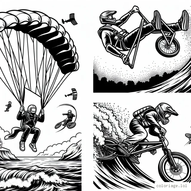 Dans cette activité, utilise des couleurs vives pour apporter à la vie ces sportifs qui s'adonnent à des sports extrêmes. Qu'il s'agisse de skydiving à grande vitesse, de BMX sur des pistes difficiles, ou de surf sur des vagues gigantesques, chaque scène est remplie d'adrénaline et de bravoure. Donne ton interprétation de ces moments captivants par tes choix de couleurs et montre à quel point ces sports sont fantastiques !
