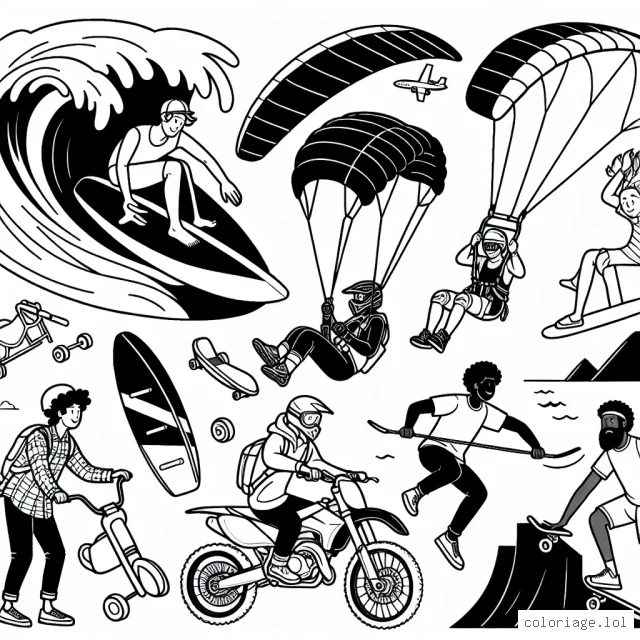 Sur cette page, on voit des hommes et des femmes prenant part à différents sports extrêmes. Il y a un surfeur chevauchant une vague géante, un parapentiste flottant dans le ciel, un motocrossiste s'envolant sur une rampe, un grimpeur suspendu à une falaise abrupte et un skateur faisant une figure dans un skatepark. Les détails sont nombreux et offrent de nombreuses occasions d'ajouter de la couleur et du caractère à chaque scène.