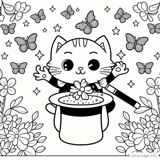 Un chat magicien effectuant un tour de magie avec des papillons sortants de son chapeau dans un jardin fleuri