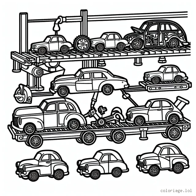 Dessine une classique chaîne de montage automobile avec des voitures de différentes formes et tailles en cours de fabrication.