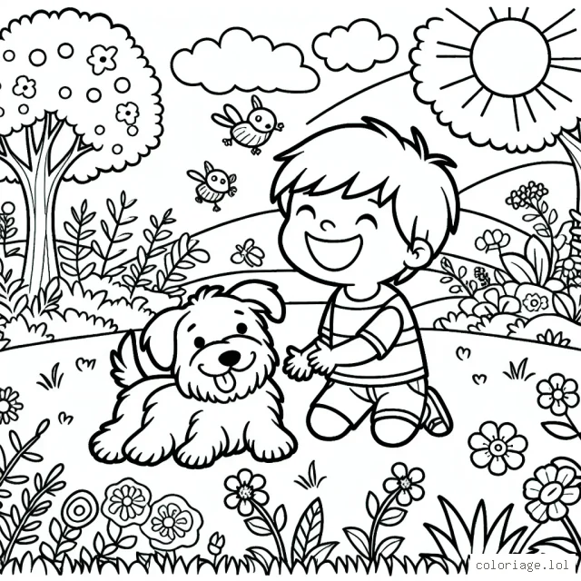 Un petit garçon qui joue avec son chien dans un jardin parsemé de fleurs et d'animaux sauvages.