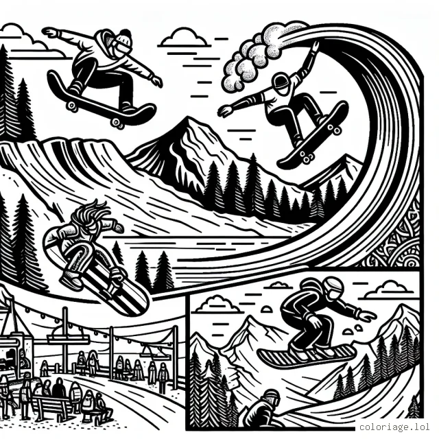 Dessine une scène époustouflante de sports extrêmes dans laquelle un skateboarder réalise une figure compliquée dans un half-pipe, un surfeur chevauchant une vague géante et un snowboarder glissant sur une piste de montagne enneigée. N'oublie pas d'ajouter plein de détails tels que le public admirant les sportifs, le paysage environnant, et bien sûr, des couleurs vives et éclatantes sont les bienvenues!