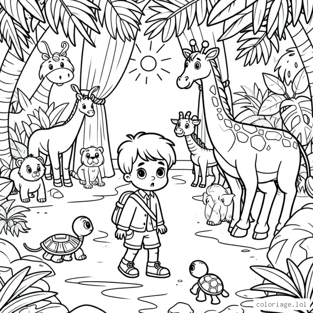 Un petit garçon explorateur en jungle avec des animaux exotiques autour de lui