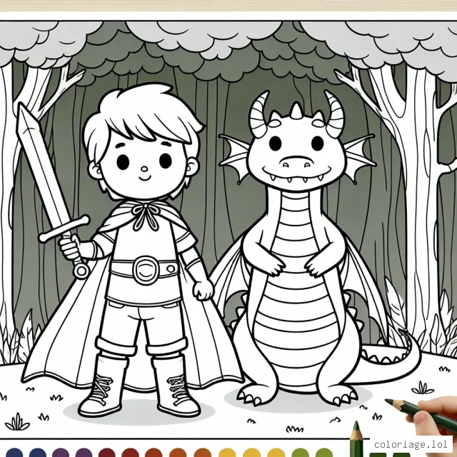 Un petit garçon avec une cape de super-héros, tenant une épée de lumière, debout à côté d'un dragon amical au milieu d'une forêt ancienne
