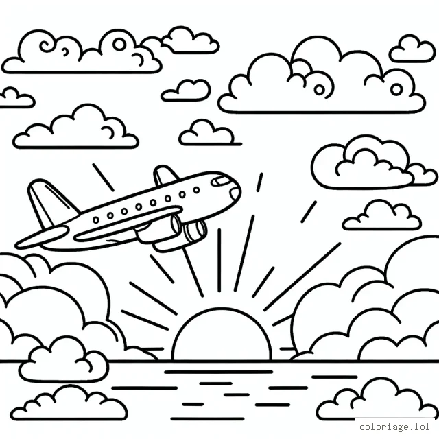 Un avion vole parmi les nuages dans le ciel, avec le soleil qui se couche à l'horizon, dessin pour enfants à colorier.