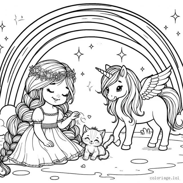 Une petite princesse aux longs cheveux tressés joue avec son chaton à côté d'une licorne ailée sous un arc-en-ciel magique