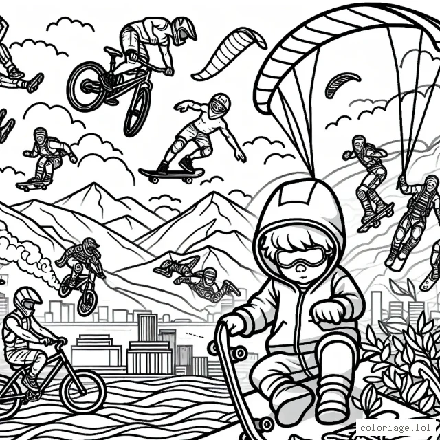 Un scénario énergique de sports extrêmes mettant en vedette des athlètes audacieux faisant du skateboard, du bmx, du windsurf, de l'escalade et du parachutisme.