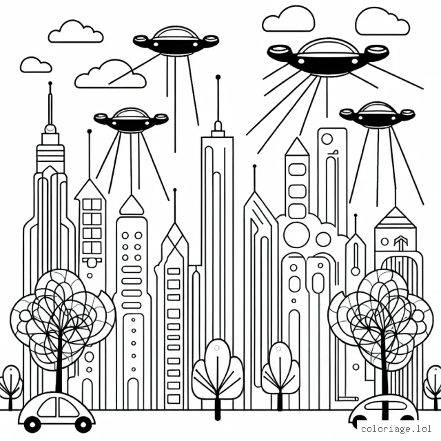 Un paysage de ville futuriste avec des voitures volantes et des arbres en fibre optique