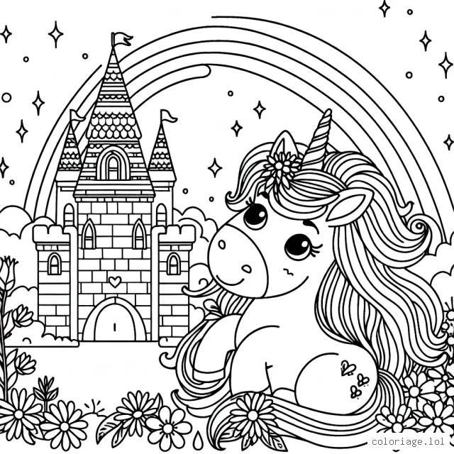 Peu après le lever du soleil, une petite licorne magique aux longs cheveux et un arc-en-ciel se préparent à voler au-dessus du château douillet de la princesse Charlotte alors que les fleurs commencent à fleurir.