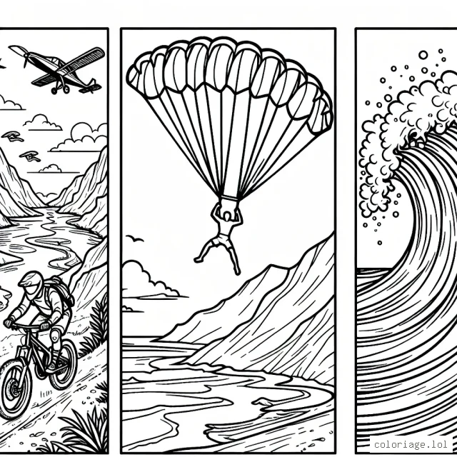 Dessine un parcours de VTT en montagne, un saut en parachute et un surfeur en pleine vague géante