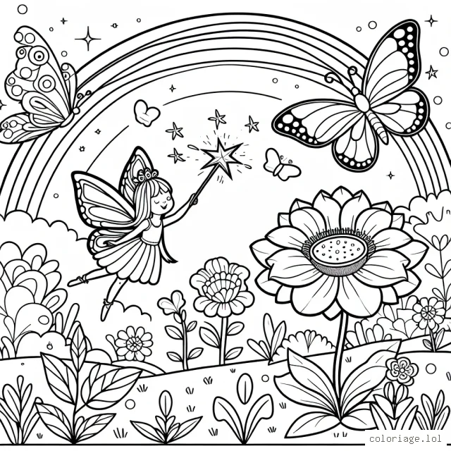 Un paysage de jardin enchanté avec une petite fée qui tient une baguette magique et vole autour d'une fleur géante, un papillon multicolore et un arc-en-ciel