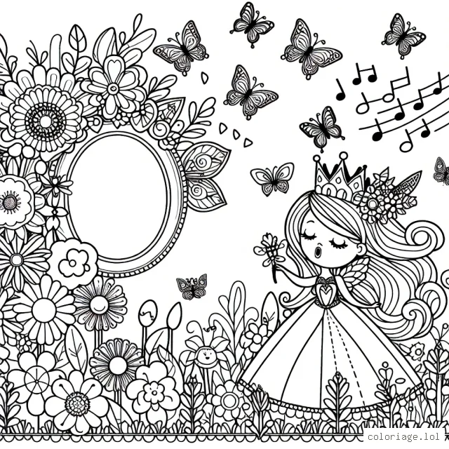 Imagine et dessine une reine des fleurs dans son jardin magique avec beaucoup de papillons et d'oiseaux chanteurs