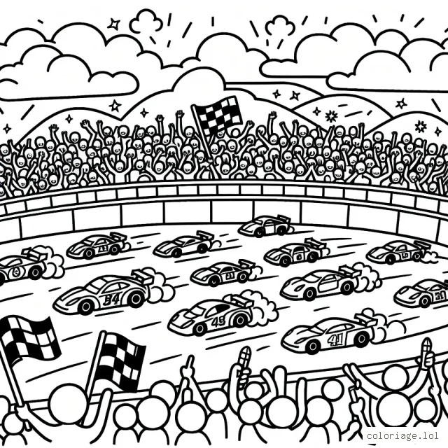 Dessinez et colorez une scène passionnante de voitures de course sur une piste animée, pleine de foule, de bruit, d'enthousiasme et de joie.