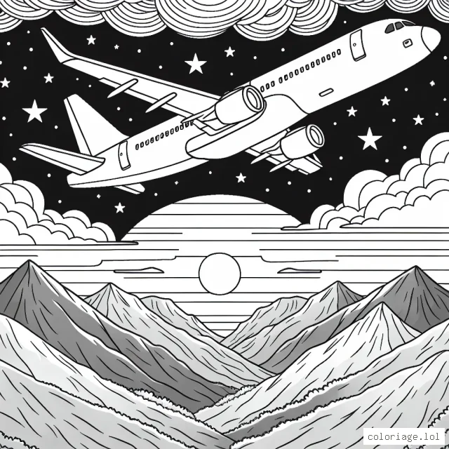 Un avion de ligne volant au-dessus des montagnes avec un coucher de soleil en arrière-plan