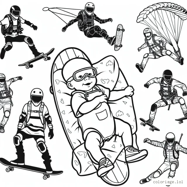 Concept réaliste dédié aux sports extrêmes avec des skateboarders, des surfeurs, des parachutistes, des motocrossers et des grimpeurs