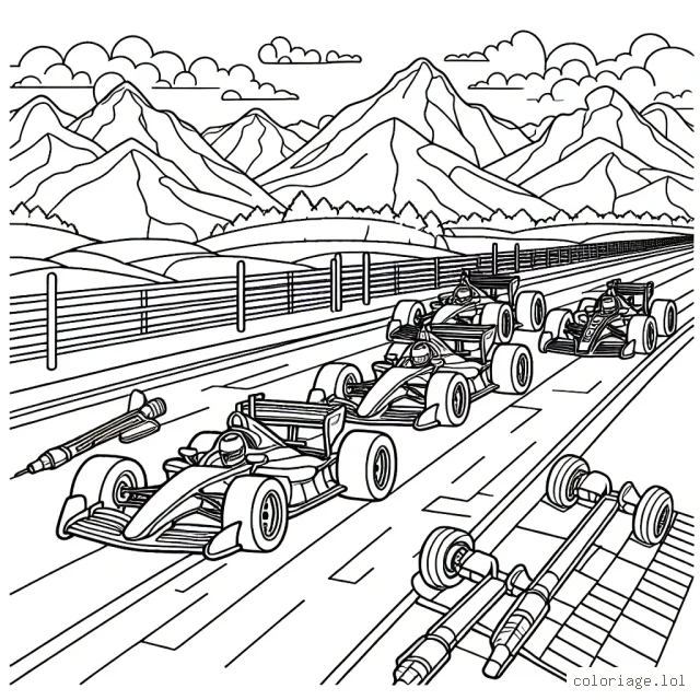 Dessine une file de voitures de course colorées sur une piste de circuit, avec de magnifiques montagnes et un ciel bleu en arrière-plan.