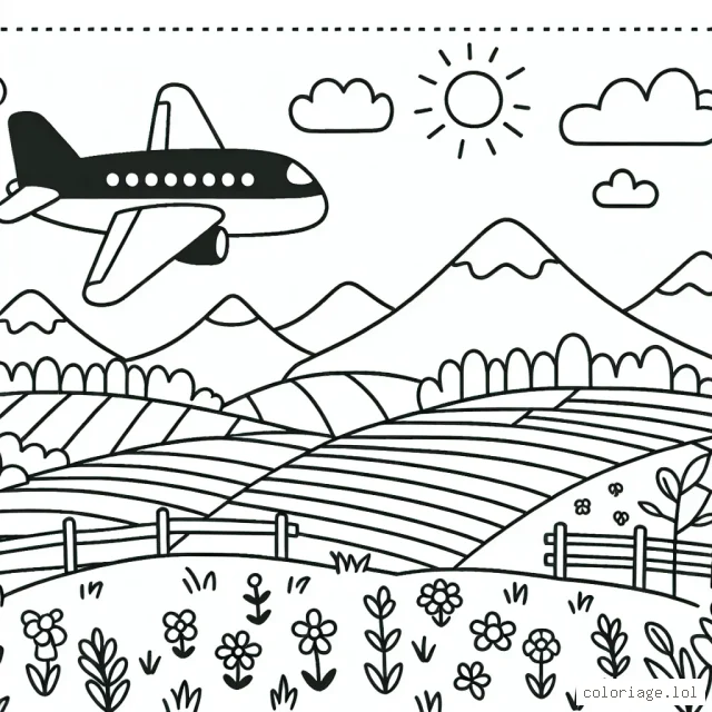 Avion survolant des champs avec des montagnes en arrière-plan