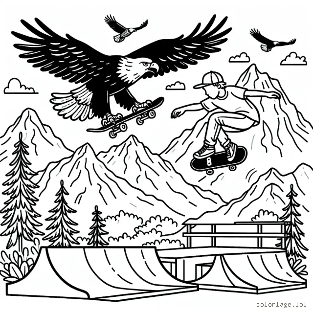 Dessine un skateur faisant un saut spectaculaire sur une rampe, entouré de montagnes et avec un aigle volant dans le ciel.