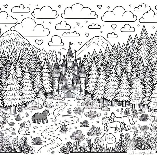 Une grande forêt enchantée remplie d'animaux merveilleux et d'un royaume magique caché au centre.