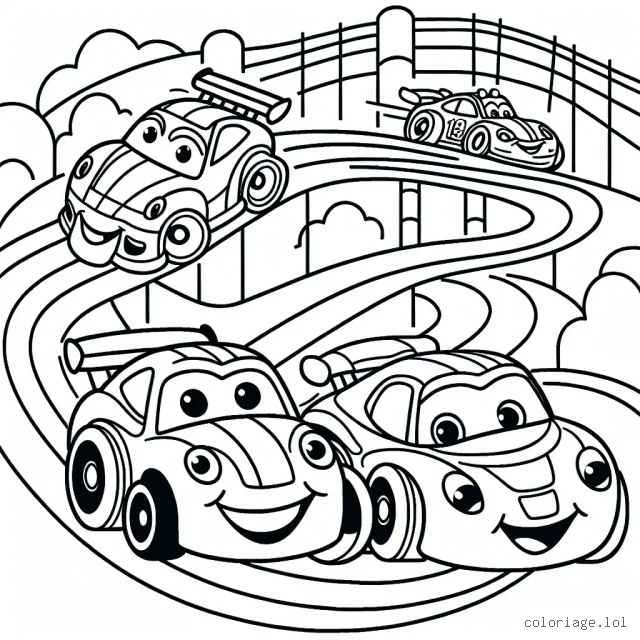 Un dessin représentant une course de voitures animées sur un circuit plein de rebondissements. Il y a trois voitures qui participent à la course : une voiture rouge, une voiture bleue et une voiture jaune. Chaque voiture a un visage souriant et des yeux. Le circuit a des virages en épingle à cheveux, des sauts palpitants et même un tunnel.
