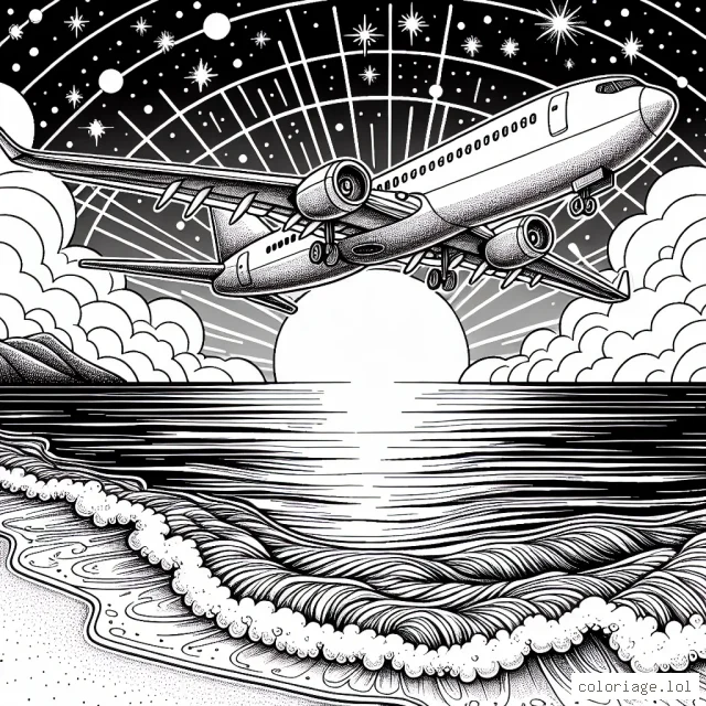 Dessine un avion illuminé par un coucher de soleil étincelant, volant au-dessus de l'océan merveilleusement bleu. Assure-toi de capturer les lumières colorées du cockpit, la grande silhouette métallique de l'avion et ses ailes larges.