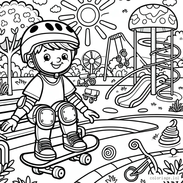 Un petit garçon souriant s'amuse dans un parc rempli de diverses structures de jeux colorées. Il porte un casque et des protections sur ses genoux et coudes tout en étant assis sur un skateboard, sur le point de descendre la rampe. Autour de lui, il y a un toboggan en spirale, une balançoire, une piste cyclable et quelques arbres aux formes amusantes. Le soleil brille à l'horizon, donnant une lumière chaleureuse à la scène.