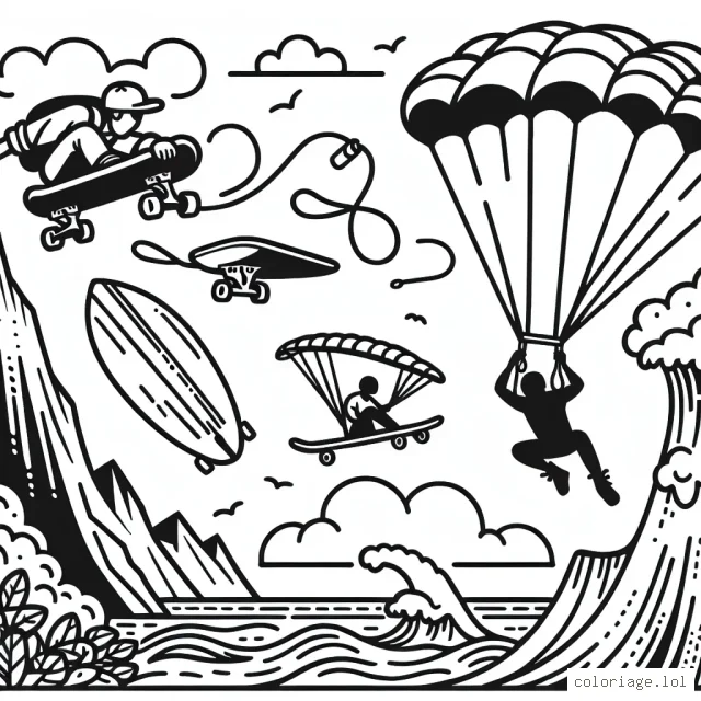 Découvrez un parcours de sports extrêmes comprenant du skateboarding sur une rampe, du saut à la corde depuis une falaise, du surf sur une énorme vague et du parachutisme. Soyez créatif et ajoutez vos propres couleurs pour donner vie à ces activités palpitantes!