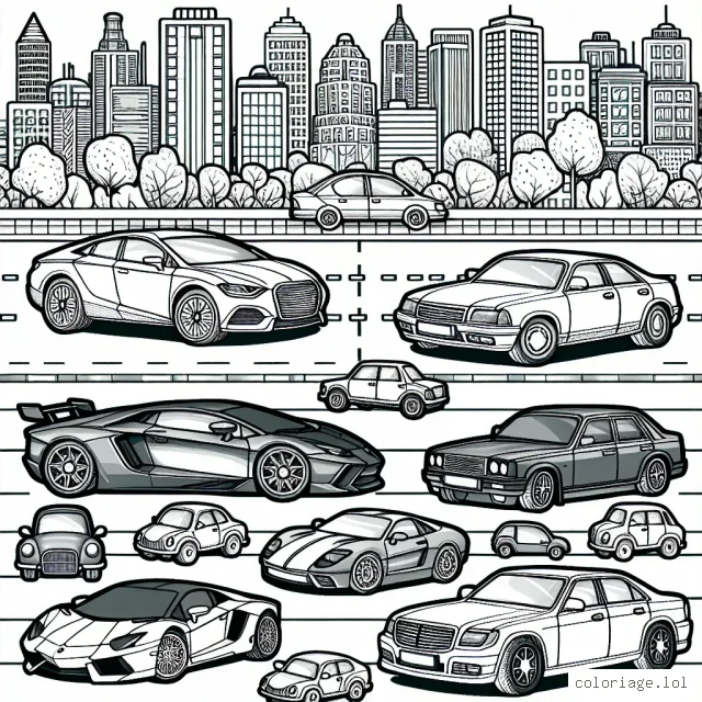 Des voitures de différentes marques prennent place sur un paysage urbain animé. On peut voir une variété de modèles populaires comme Ferrari, Porsche, Renault, Peugeot, Toyota, Kia, Mercedes, BMW et Audi.