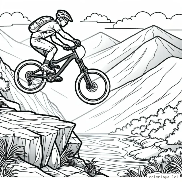 Dessine une scène passionnante d'un sportif en plein saut avec son VTT sur un terrain rocheux escarpé, avec des montagnes en arrière-plan.