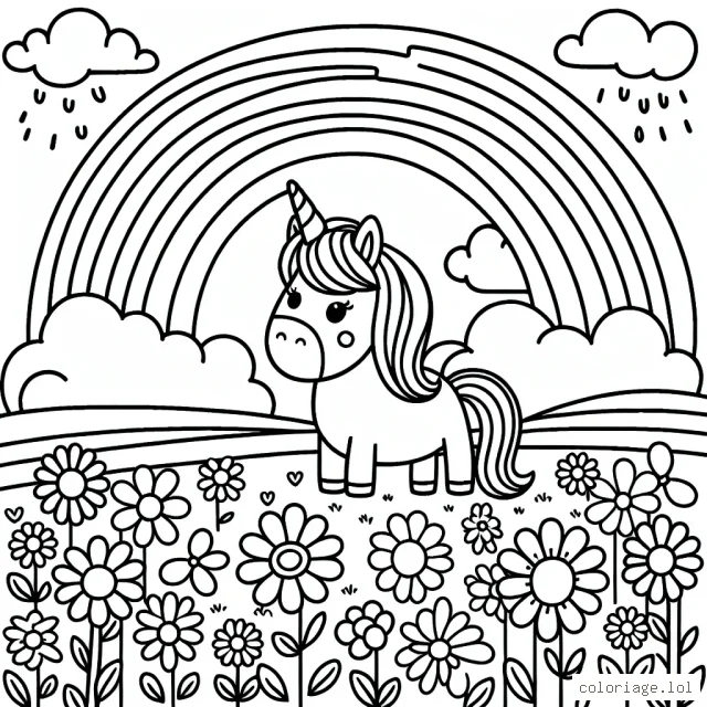 Un champ plein de fleurs avec un arc-en-ciel et une licorne en plein milieu