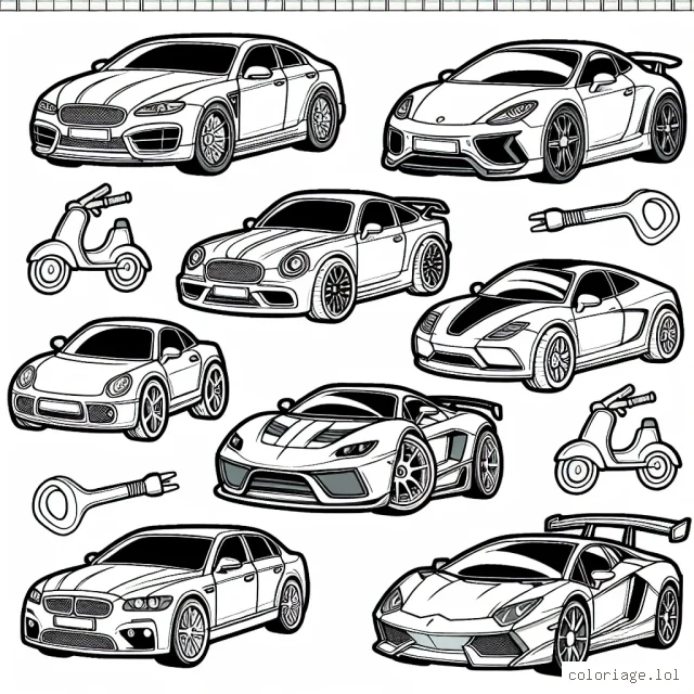 Un assortiment de voitures de différentes marques attendent d'être coloriées. Chaque voiture représente une marque distincte, y compris Ferrari, BMW, Mercedes, Audi, Tesla et bien plus encore. Les enfants pourront utiliser leurs couleurs préférées pour ajouter de la vie à ces véhicules étonnants.