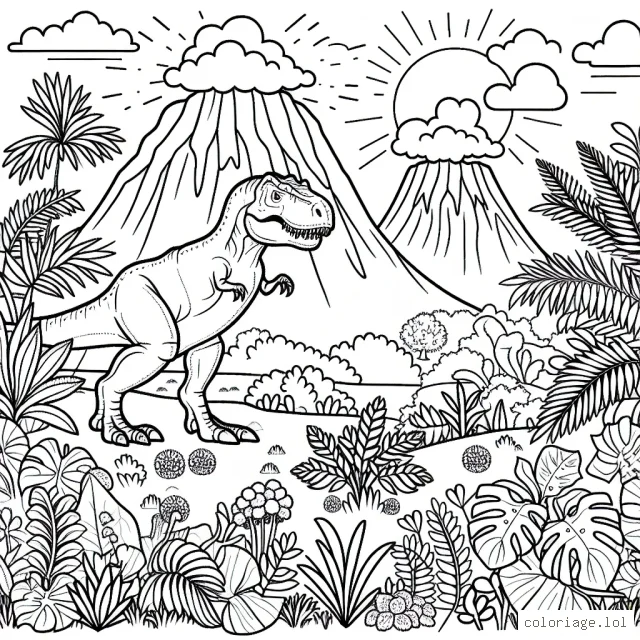 Dans l'univers fascinant des dinosaures, imaginez un majestueux T-Rex qui traverse une jungle luxuriante pleine de végétation variée et de volcans actifs !
