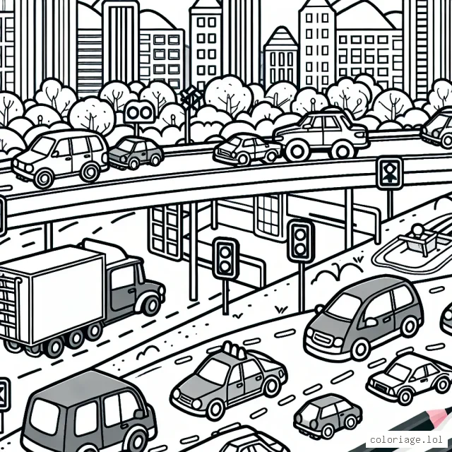 Un paysage urbain animé avec des voitures de différentes formes et tailles, certaines se déplaçant sur une autoroute, tandis que d'autres sont stationnées dans un parking. Il y a aussi des panneaux de signalisation, des feux de signalisation et des immeubles en arrière-plan.