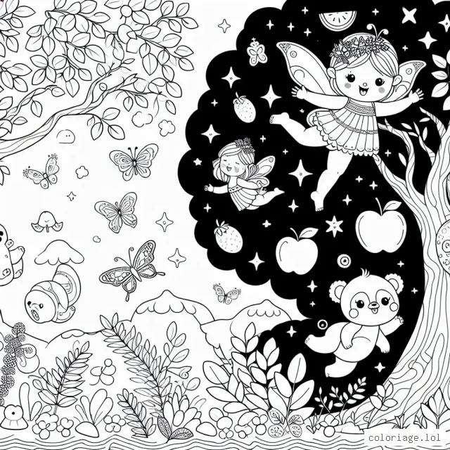 Une jolie fée espiègle vole autour d'un arbre magique rempli de fruits et d'animaux exotiques.