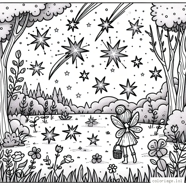 Tu es la petite fée de la forêt et tu découvres un champ d'étoiles filantes éblouissantes. Peux-tu les rendre encore plus belles avec tes couleurs ?