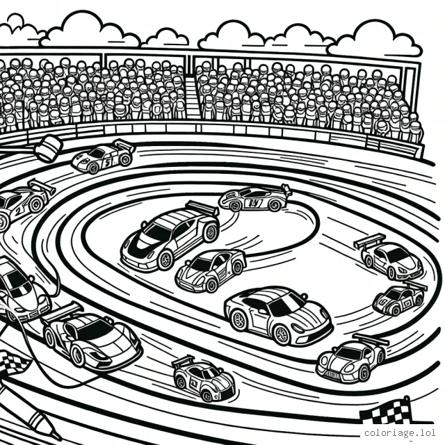Dessiner différentes voitures de course en plein action sur une piste de course remplie de zigzags et de pentes, en incluant des détails comme le public dans les tribunes, les pilotes au volant et les équipes de mécaniciens dans les stands.