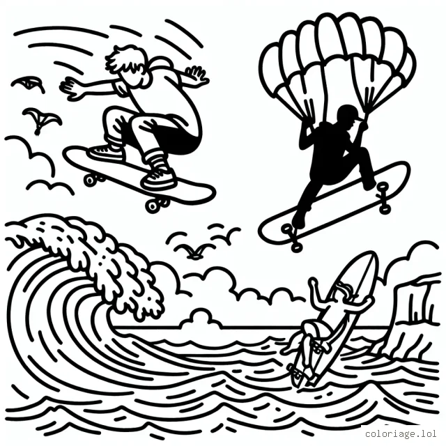 Un skateboarder effectuant un saut impressionnant au-dessus d'une falaise, un surfeur qui chevauche une vague gigantesque, et un parachutiste qui descend du ciel.