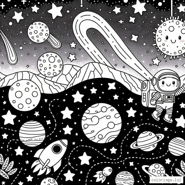 Un astronaute navigue dans l'espace intersidéral, il rencontre une multitude de créatures amicales et planètes colorées. Il y a également des étoiles filantes, des comètes brillantes et une voie lactée scintillante.