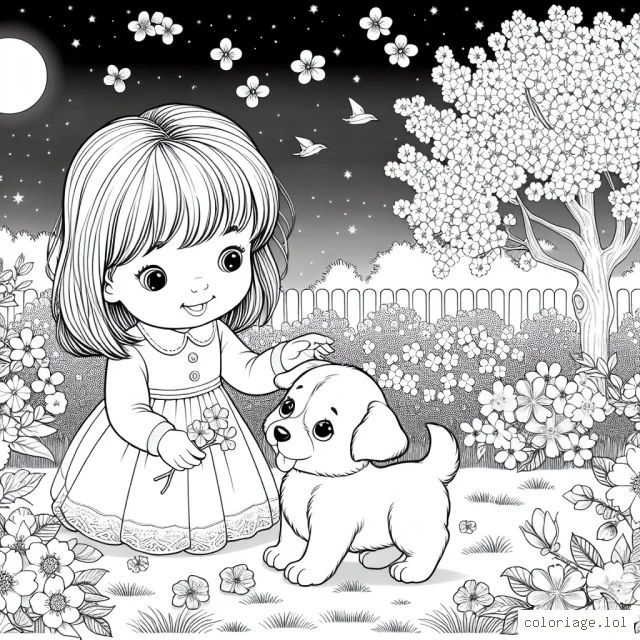 Une petite fille joue avec son chiot dans un jardin fleuri sous un ciel d'été étoilé