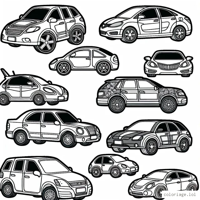 Dessine une charmante parade de voitures de différentes marques mondialement connues, comme Ferrari, Audi, BMW et Mercedes !