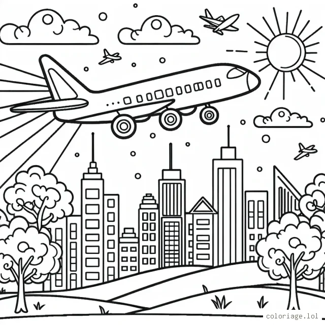 Cette scène comprend un avion survolant une ville. À vous de le rendre vivant avec vos couleurs préférées !