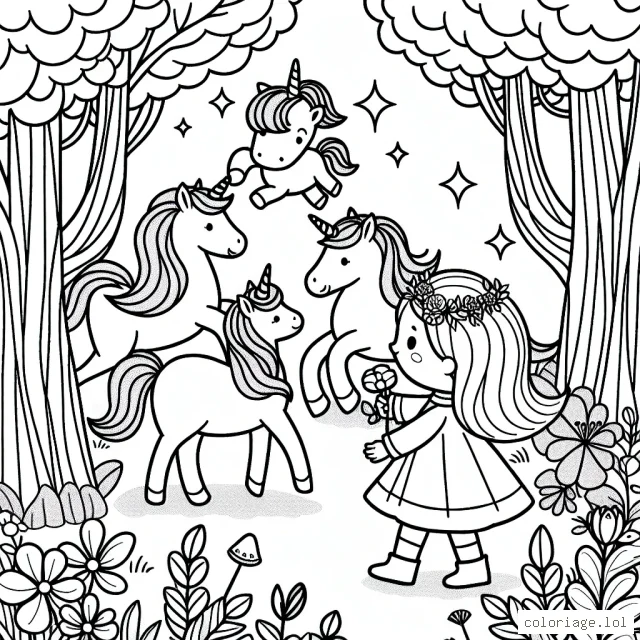 Une petite fille jouant avec un groupe de licornes magiques dans une forêt enchantée