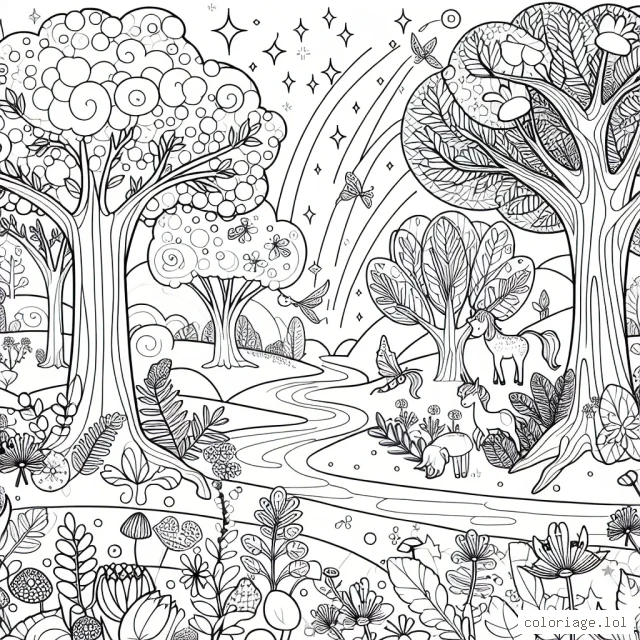 Imagine un paysage de forêt enchantée pour un conte de fées, avec des arbres immenses, une rivière scintillante, des fleurs multicolores et des créatures fantastiques comme des licornes et des fées se cachant entre les feuilles!
