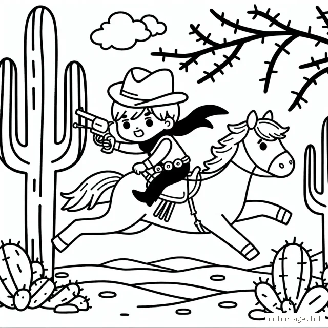 Un petit garçon joue au cowboy dans un désert du far west, sautant par-dessus une branche du cactus avec son fidèle cheval