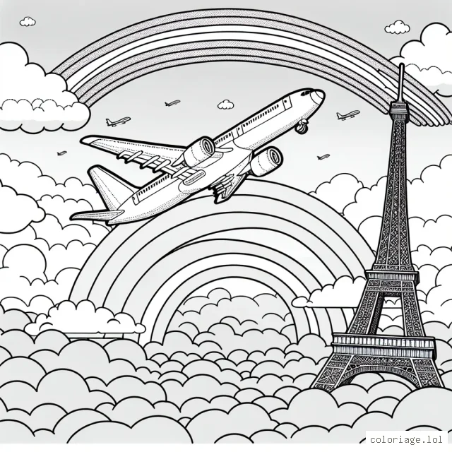 Dessine un avion de ligne survolant la Tour Eiffel avec un arc-en-ciel dans le ciel.